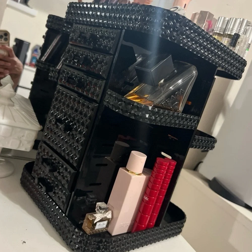 Elegant Rotating Black Crystal Makeup Organizer